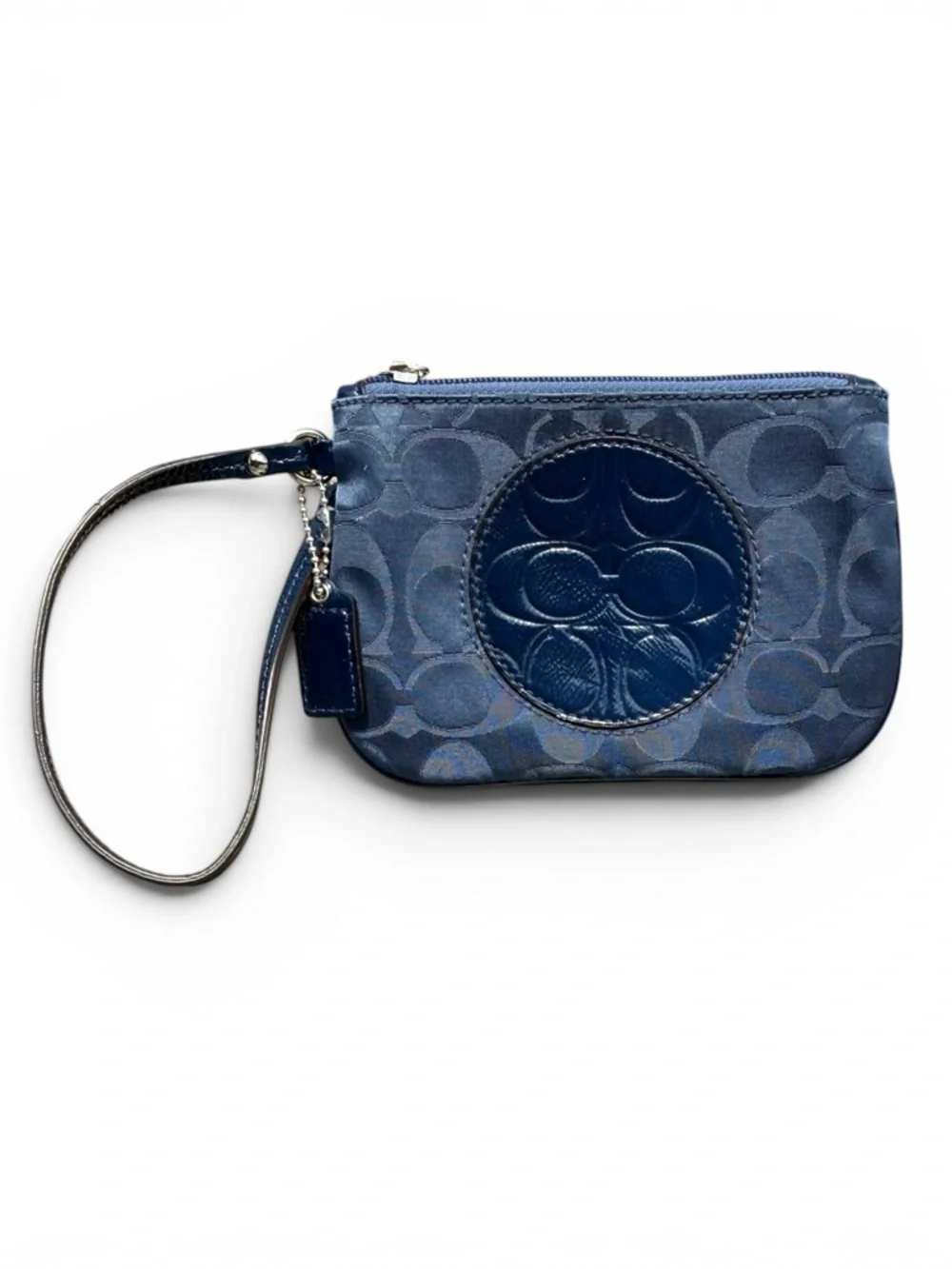 Coach Navy Sateen Logo and Patent Leather Small Wristlet EUC